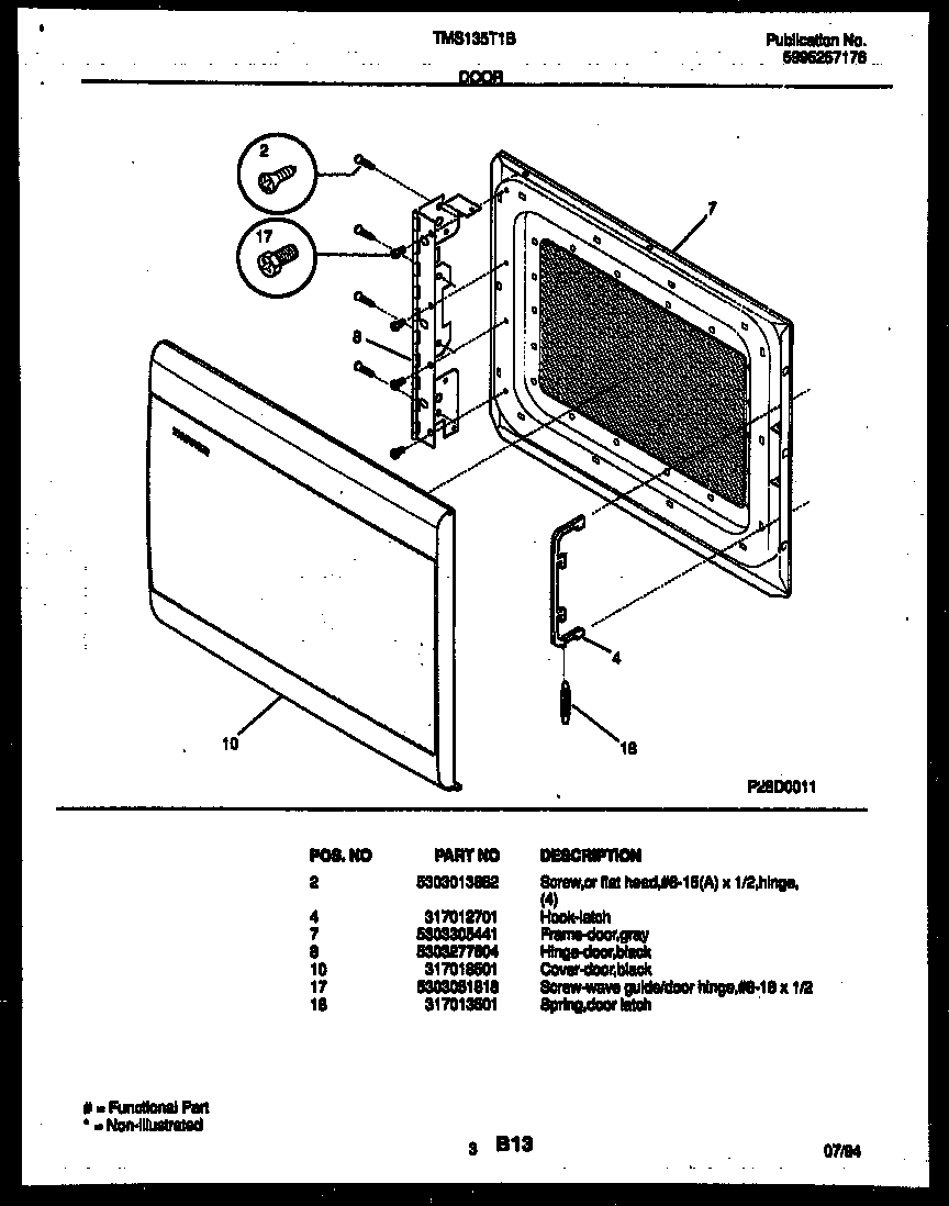 Tappan TMS135T1B door parts diagram