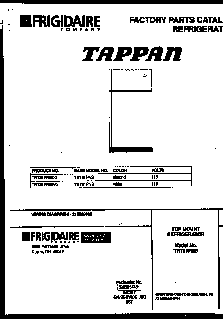 Tappan TRT21PNBW0 cover diagram