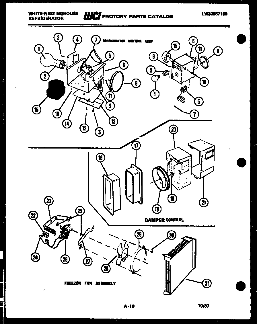 White-Westinghouse RS192GCF4 refrigerator control assembly, damper control assembly and f diagram