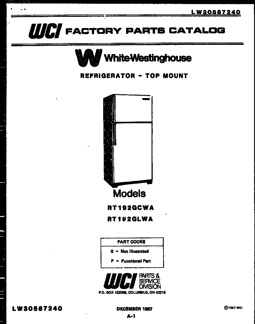 White-Westinghouse RT192GLDA cover diagram