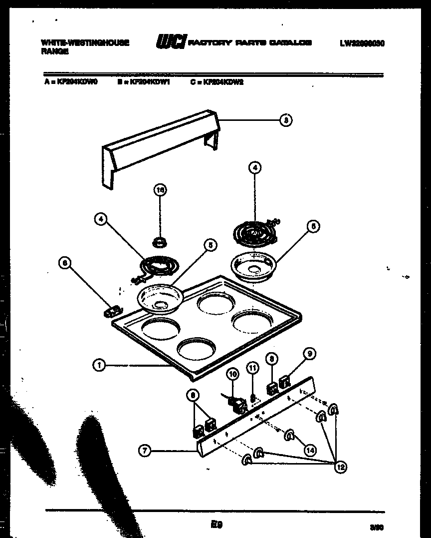 White-Westinghouse KF204KDD2 backguard and cooktop parts diagram