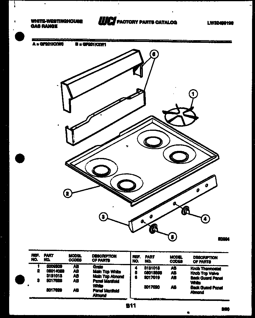 White-Westinghouse GF201KXD0 backguard and cooktop parts diagram