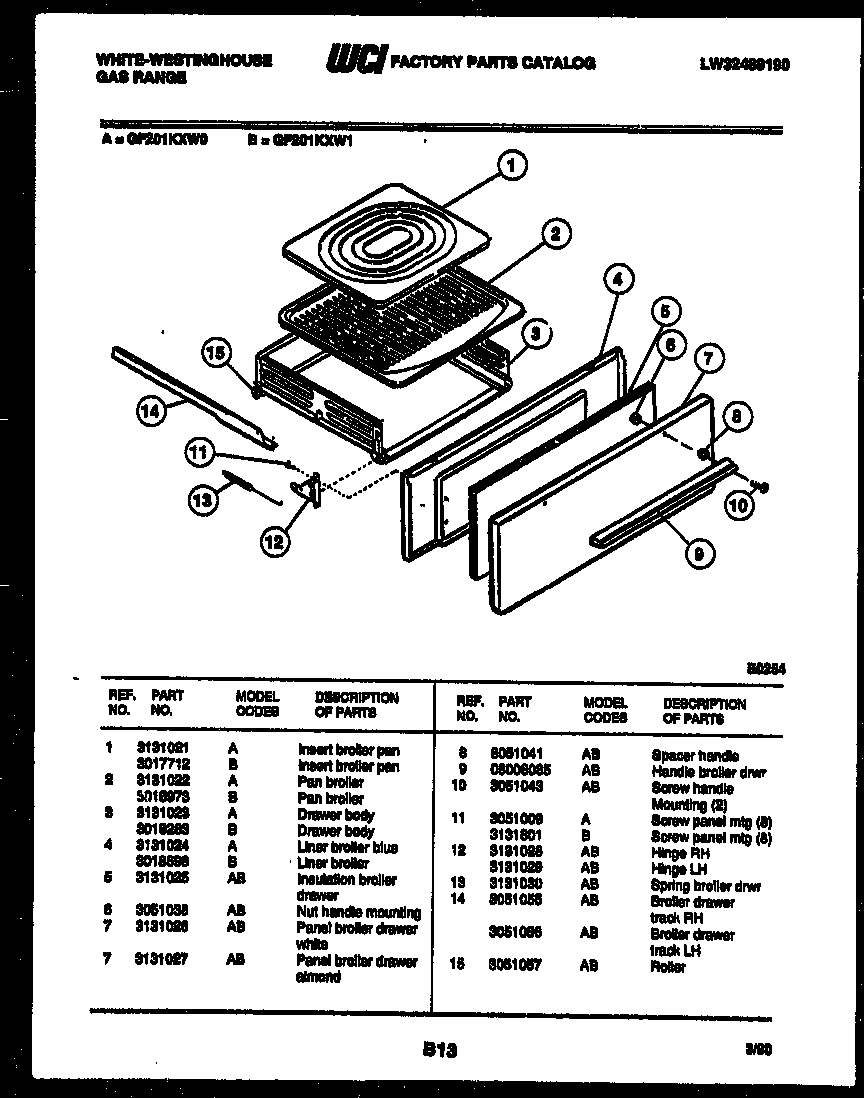 White-Westinghouse GF201KXD0 broiler drawer parts diagram