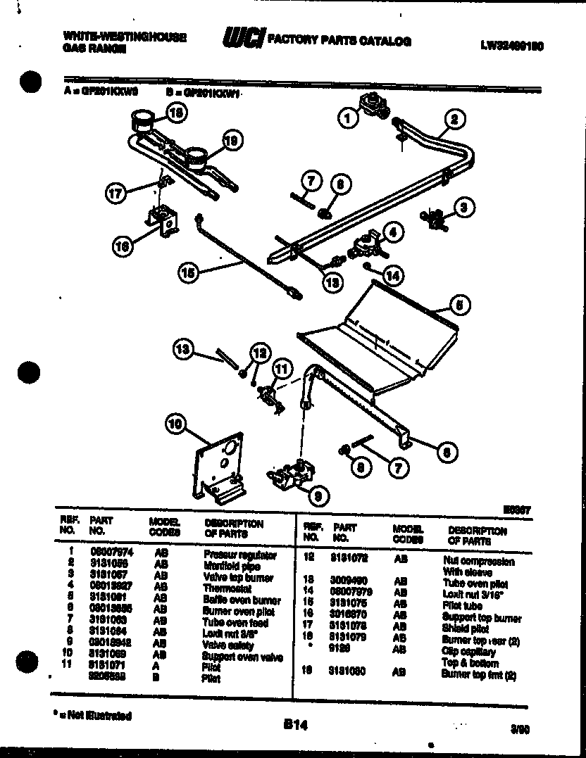 White-Westinghouse GF201KXD0 burner, manifold and gas control diagram