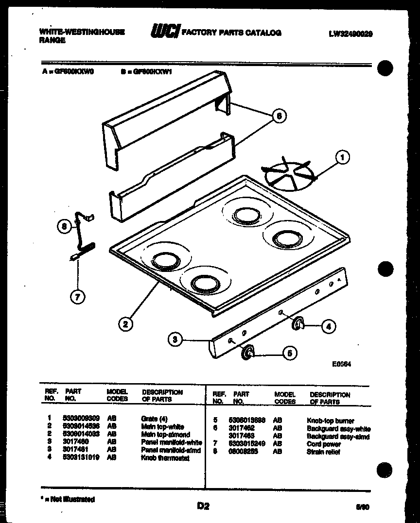 White-Westinghouse GF600KXD1 backguard and cooktop parts diagram