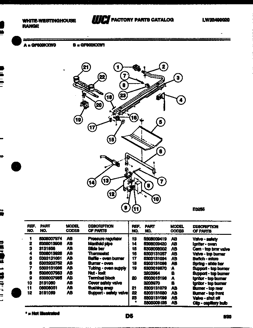 White-Westinghouse GF600KXD1 burner, manifold and gas control diagram