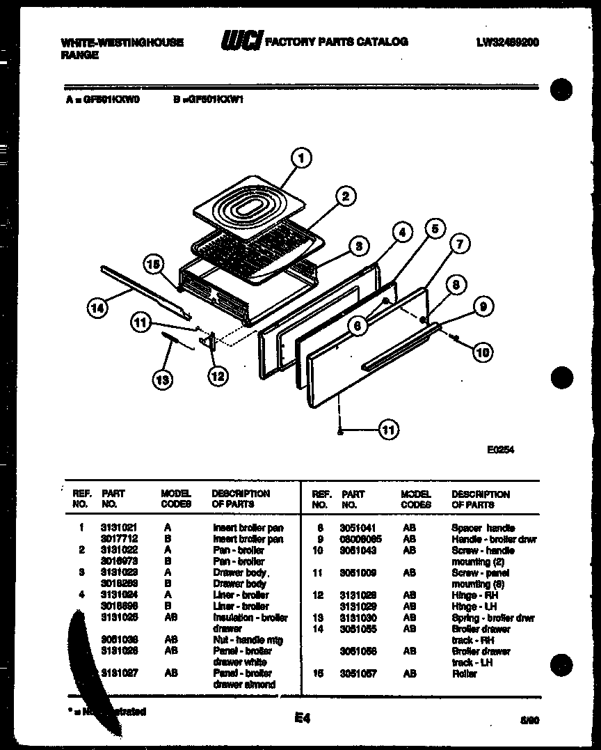 White-Westinghouse GF501KXW0 broiler drawer parts diagram