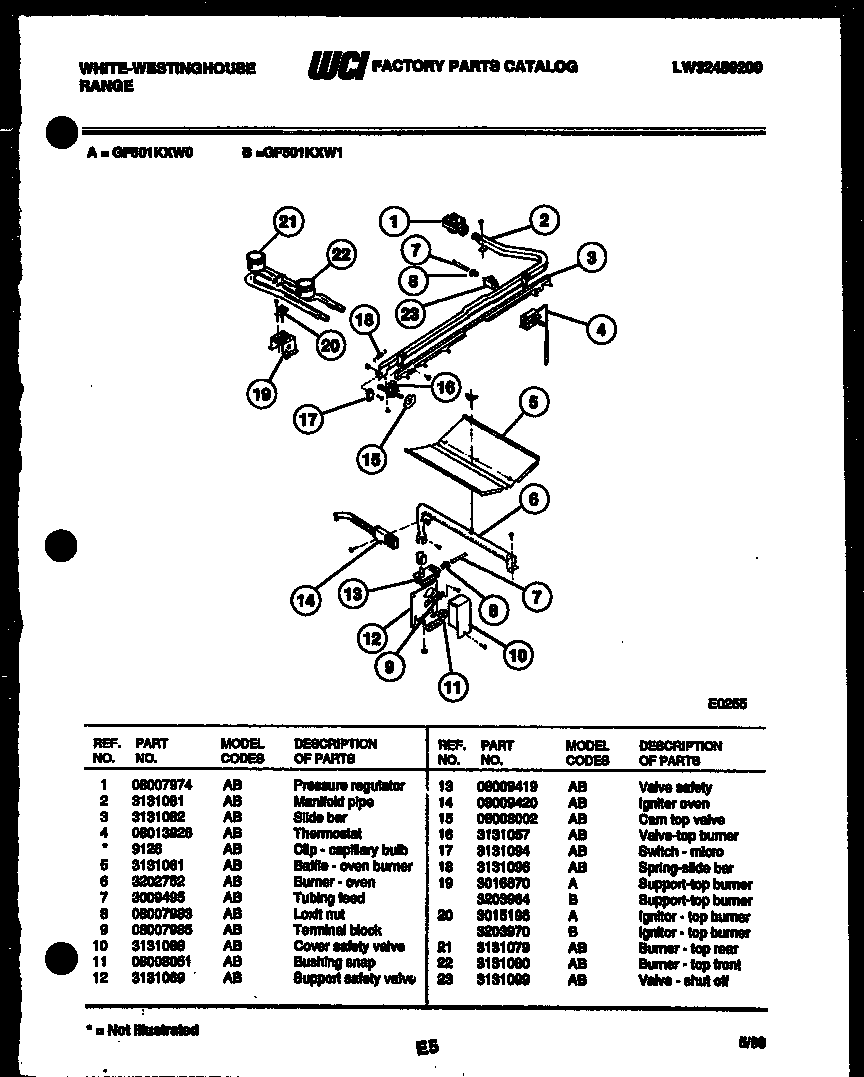 White-Westinghouse GF501KXW0 burner, manifold and gas control diagram