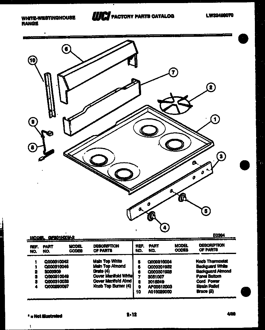 White-Westinghouse GF501HXD2 backguard and cooktop parts diagram