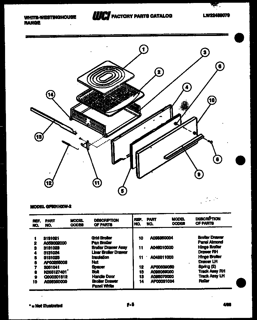 White-Westinghouse GF501HXD2 broiler drawer parts diagram