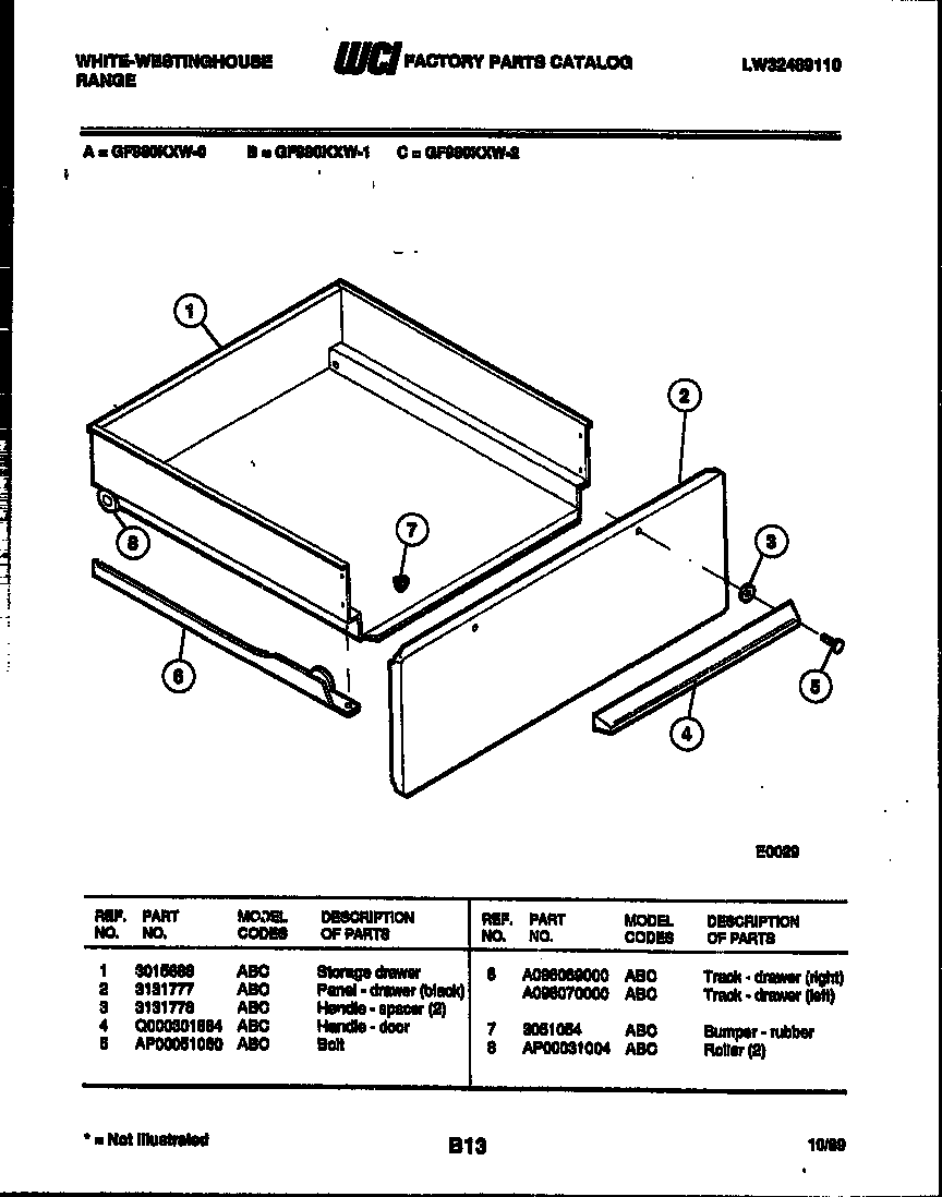 White-Westinghouse GF980KXD1 drawer parts diagram