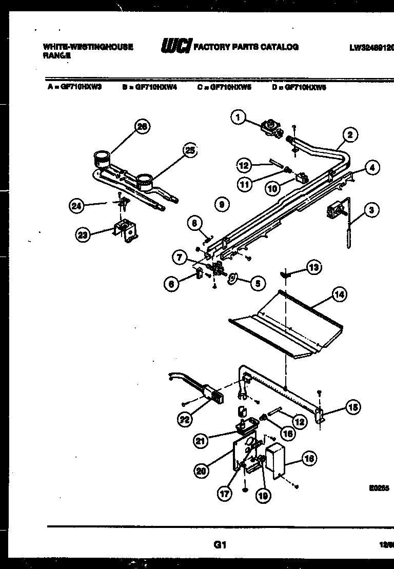 White-Westinghouse PGF201HXW2 burner, manifold and gas control diagram