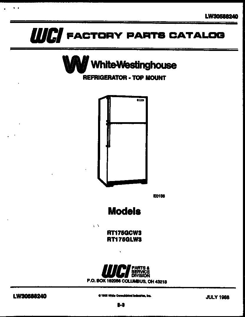 White-Westinghouse RT175GLF3 cover page diagram