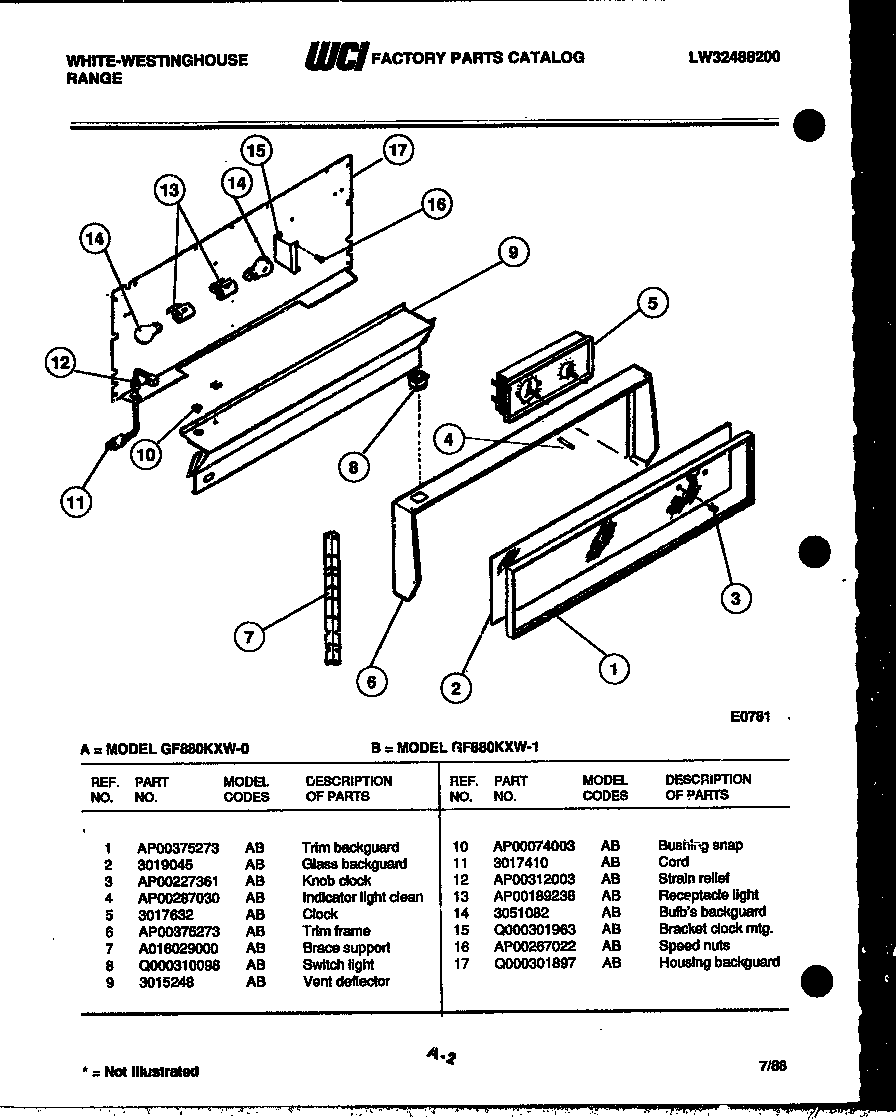 White-Westinghouse GF880KXW1 backguard diagram
