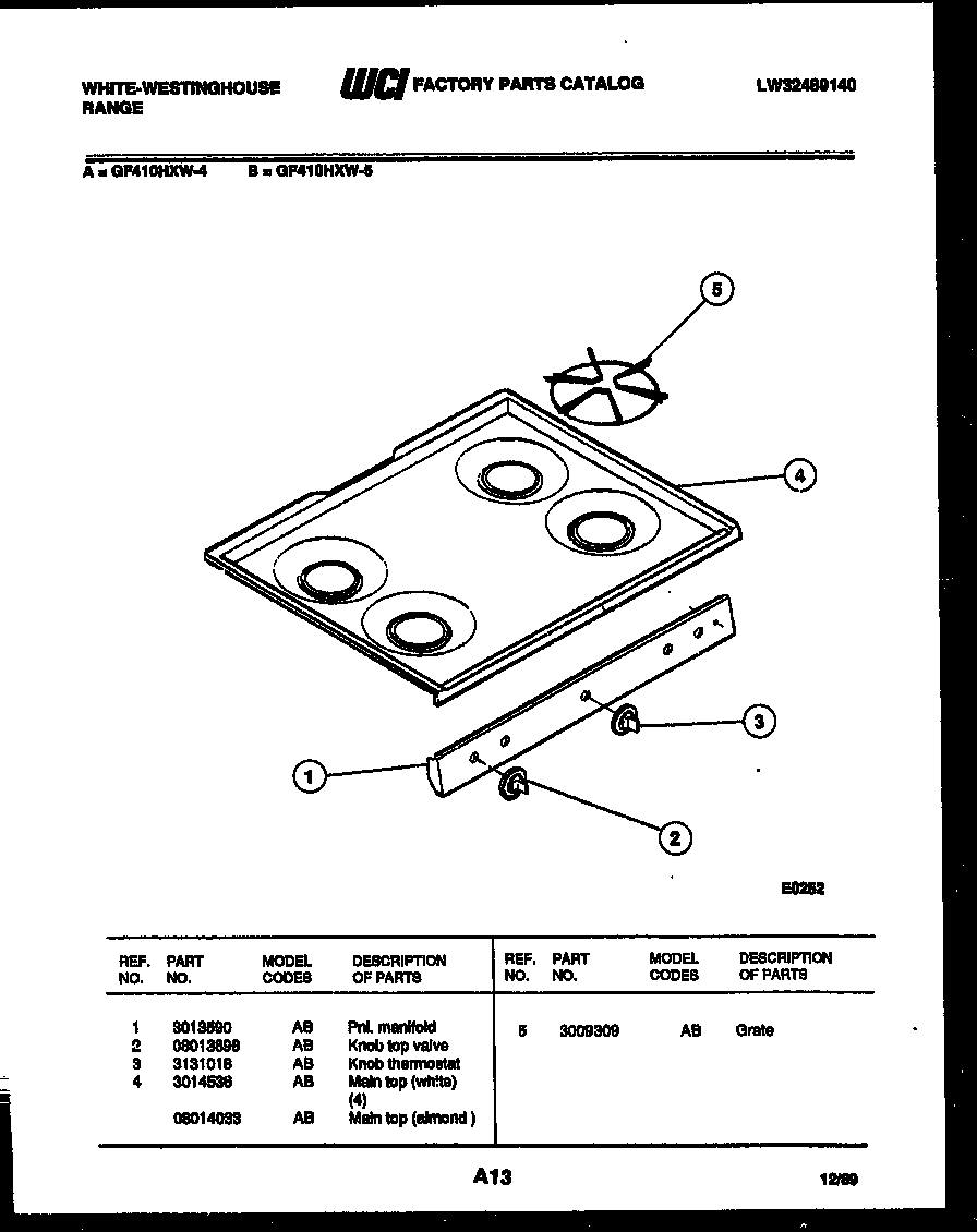 White-Westinghouse GF410HXD4 cooktop parts diagram
