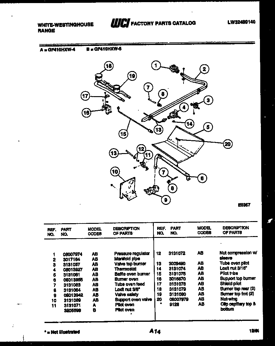 White-Westinghouse GF410HXD4 burner, manifold and gas control diagram