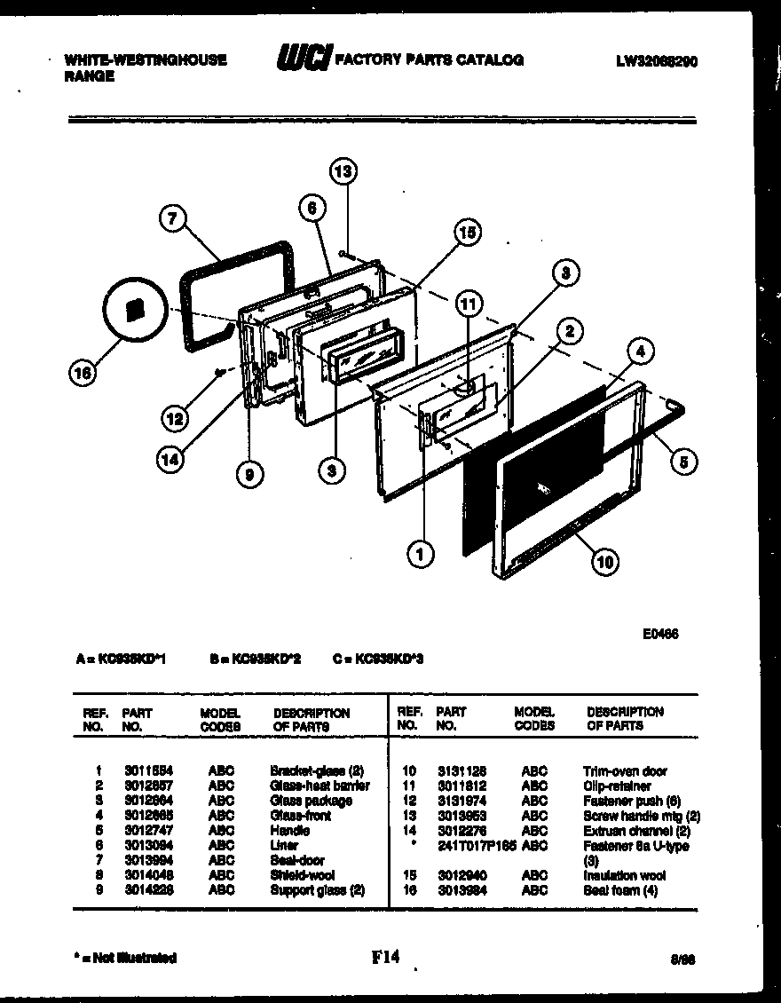 White-Westinghouse KC935KDD3 upper oven door parts diagram