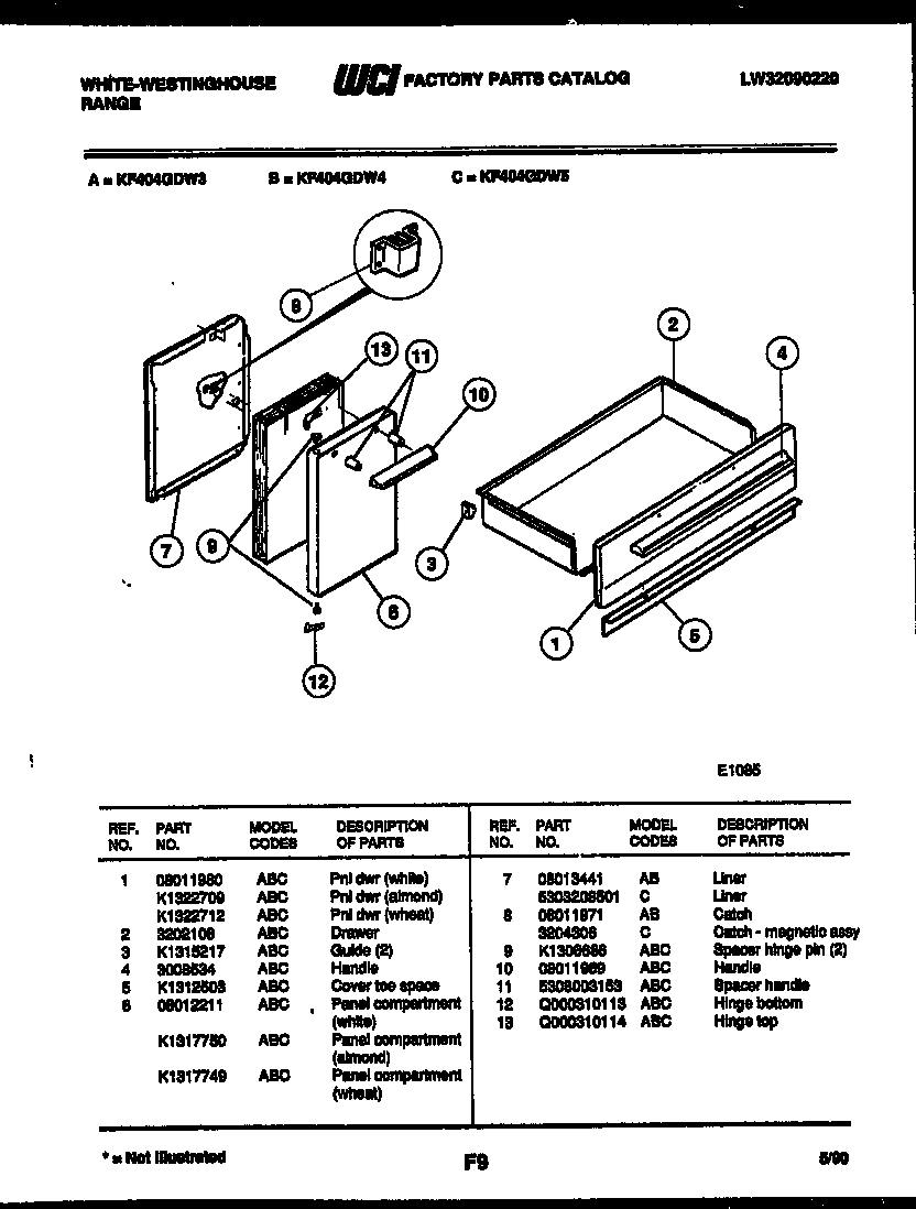 White-Westinghouse KF404GDD5 drawer and panel compartment parts diagram