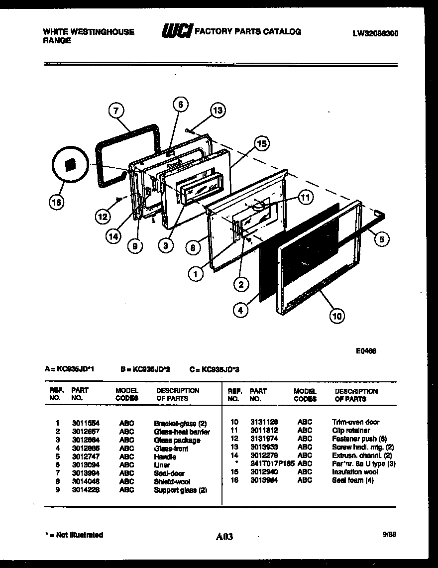 White-Westinghouse KC935JD3 lower oven door parts diagram
