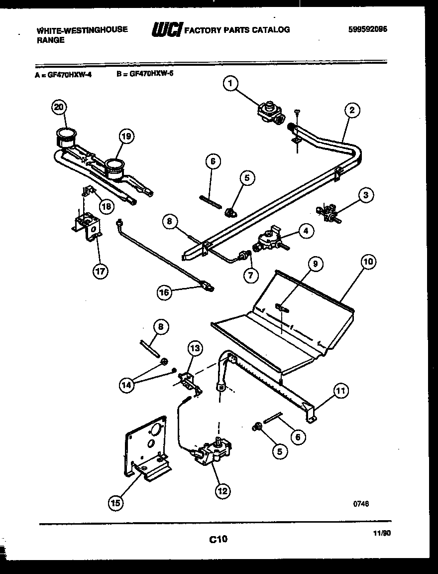 White-Westinghouse GF470HXD4 burner, manifold and gas control diagram