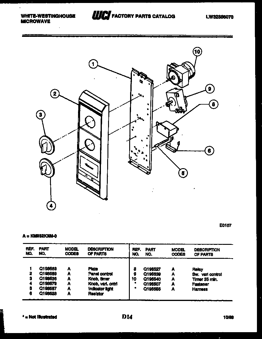 White-Westinghouse KM937KXM0 panel control diagram