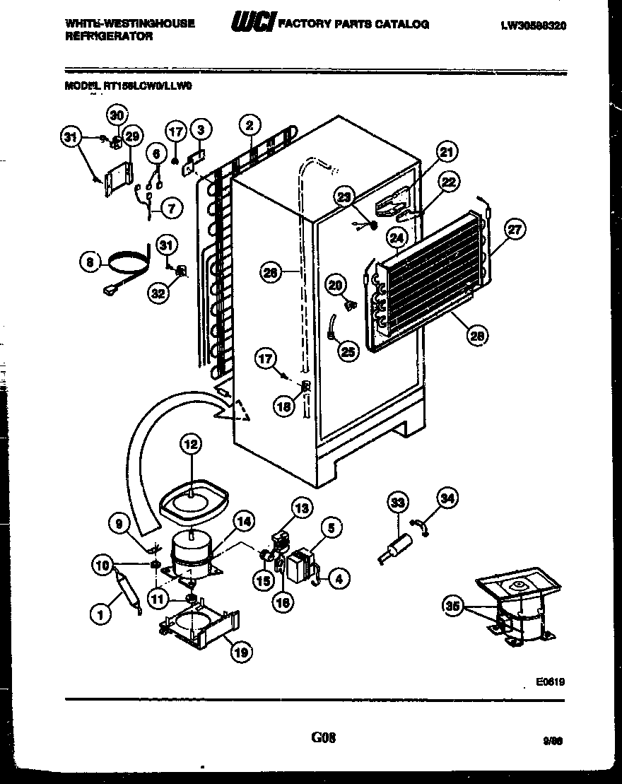 White-Westinghouse RT156LCW0 system and automatic defrost parts diagram