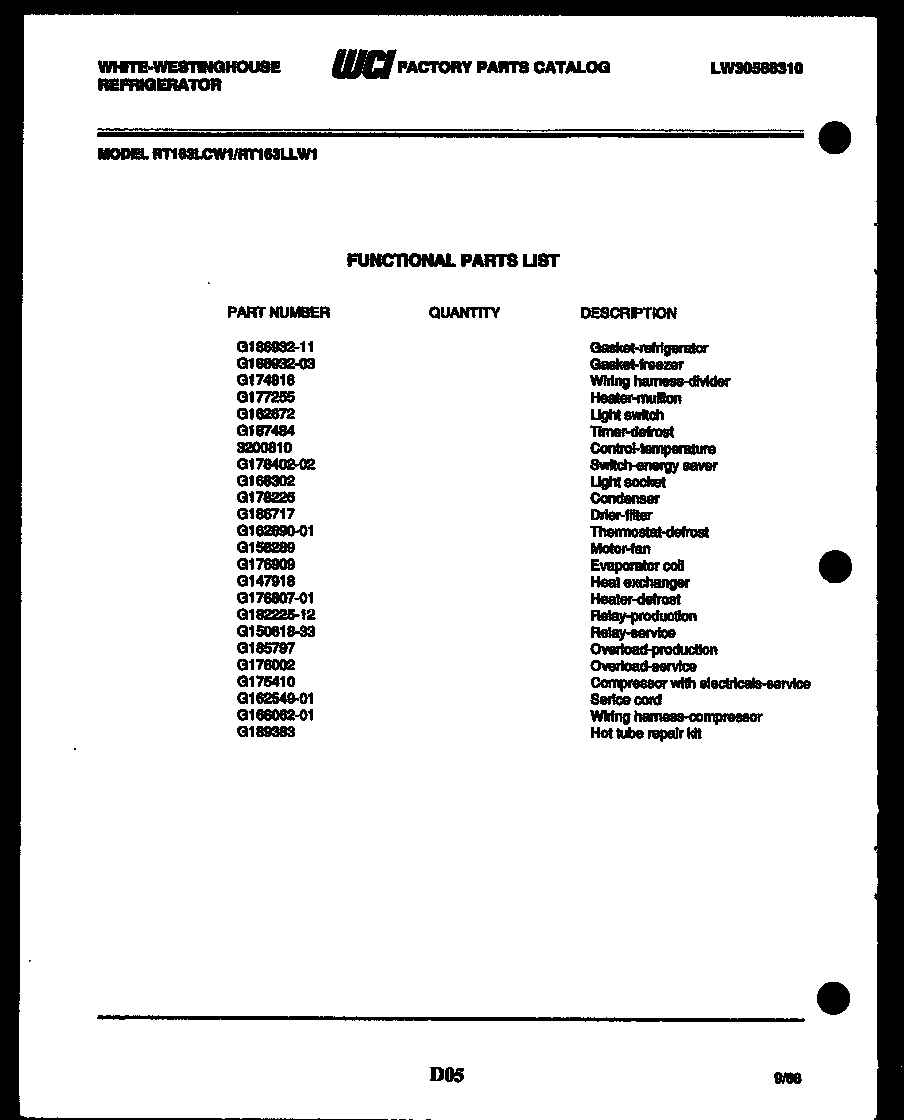 White-Westinghouse RT164LCH0 system and automatic defrost parts diagram