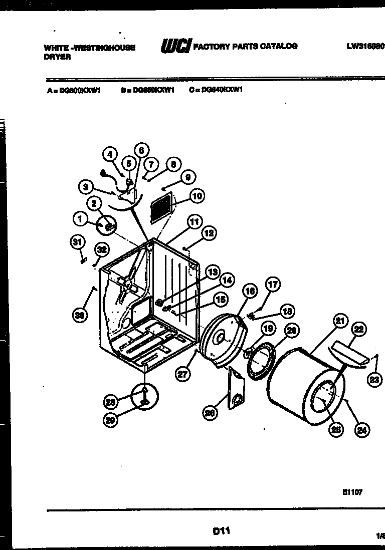 White-Westinghouse DG640KXD1 cabinet and component parts diagram