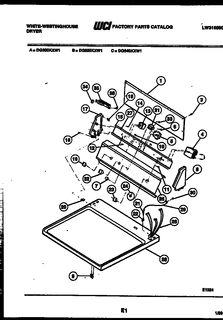 White-Westinghouse DG640KXD1 console and control parts diagram