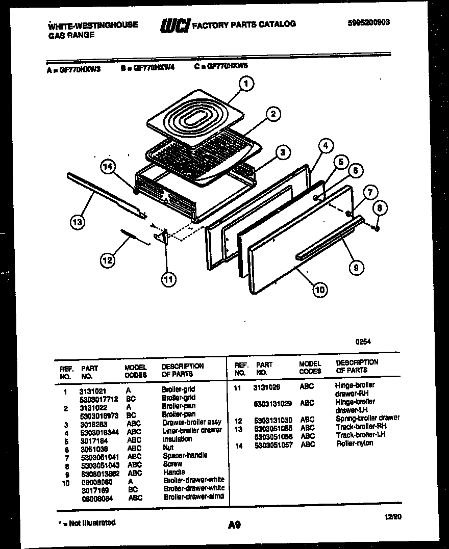 White-Westinghouse GF770HXW3 broiler drawer parts diagram