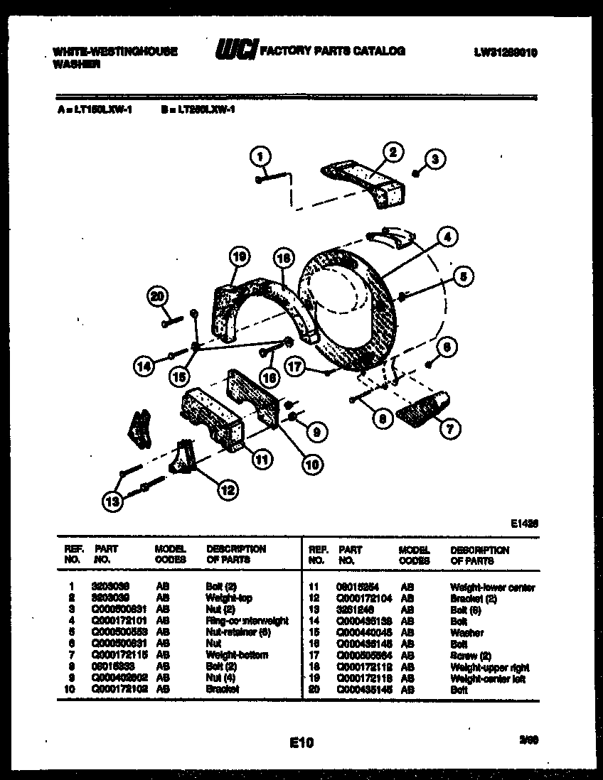 White-Westinghouse LT250LXH1 counterweights diagram