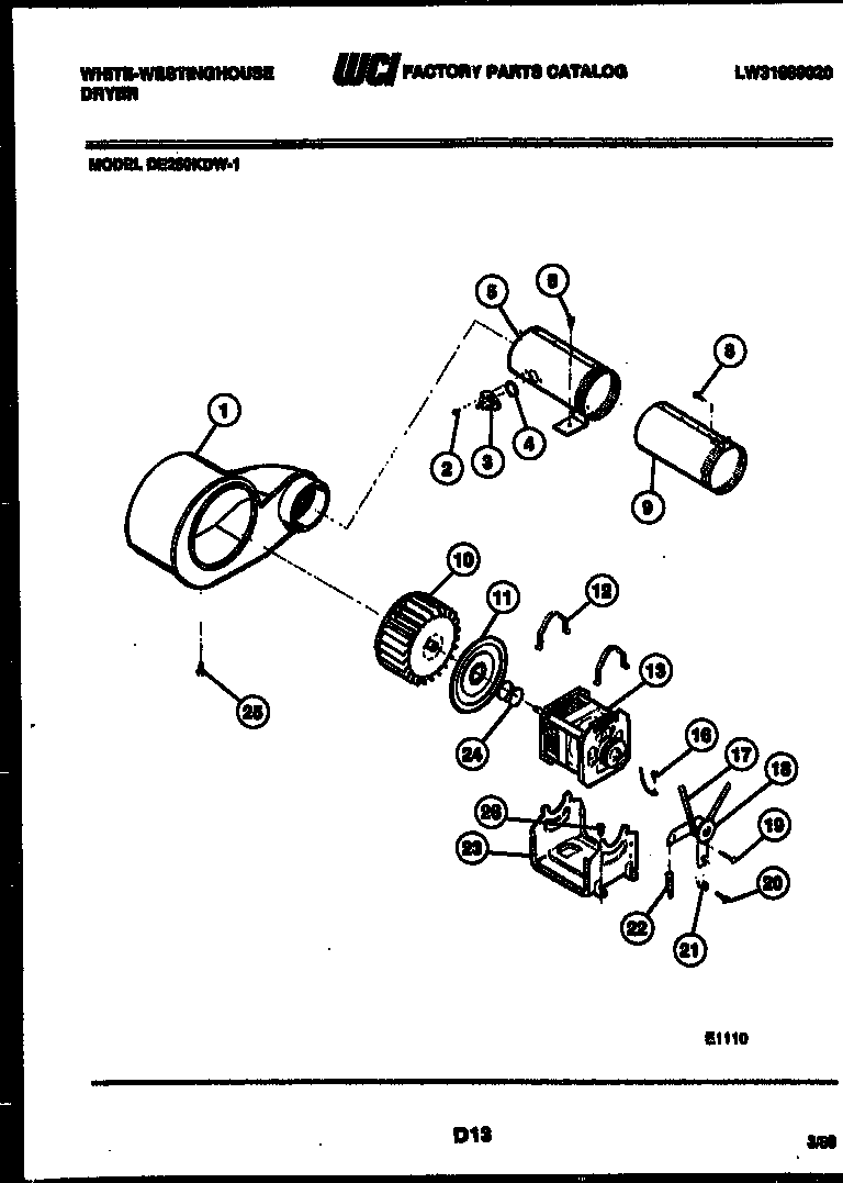 White-Westinghouse DE250KDH1 motor and blower parts diagram