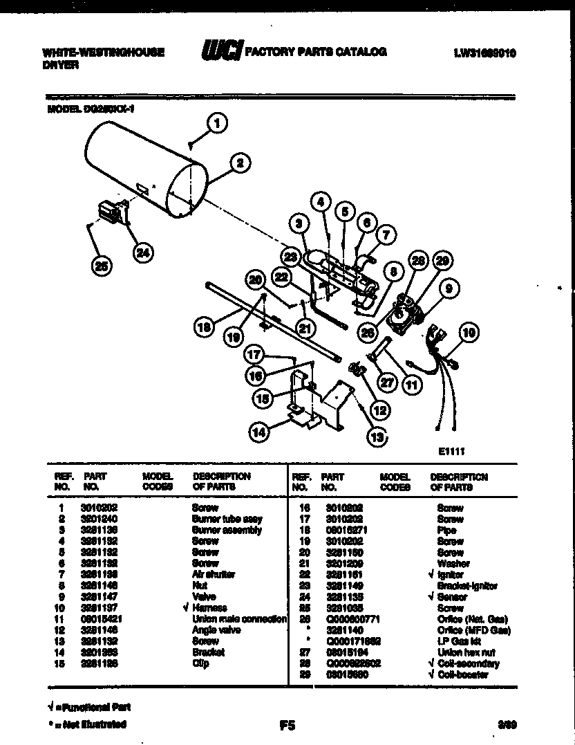 White-Westinghouse DG250KXW1 burner, igniter and valve diagram
