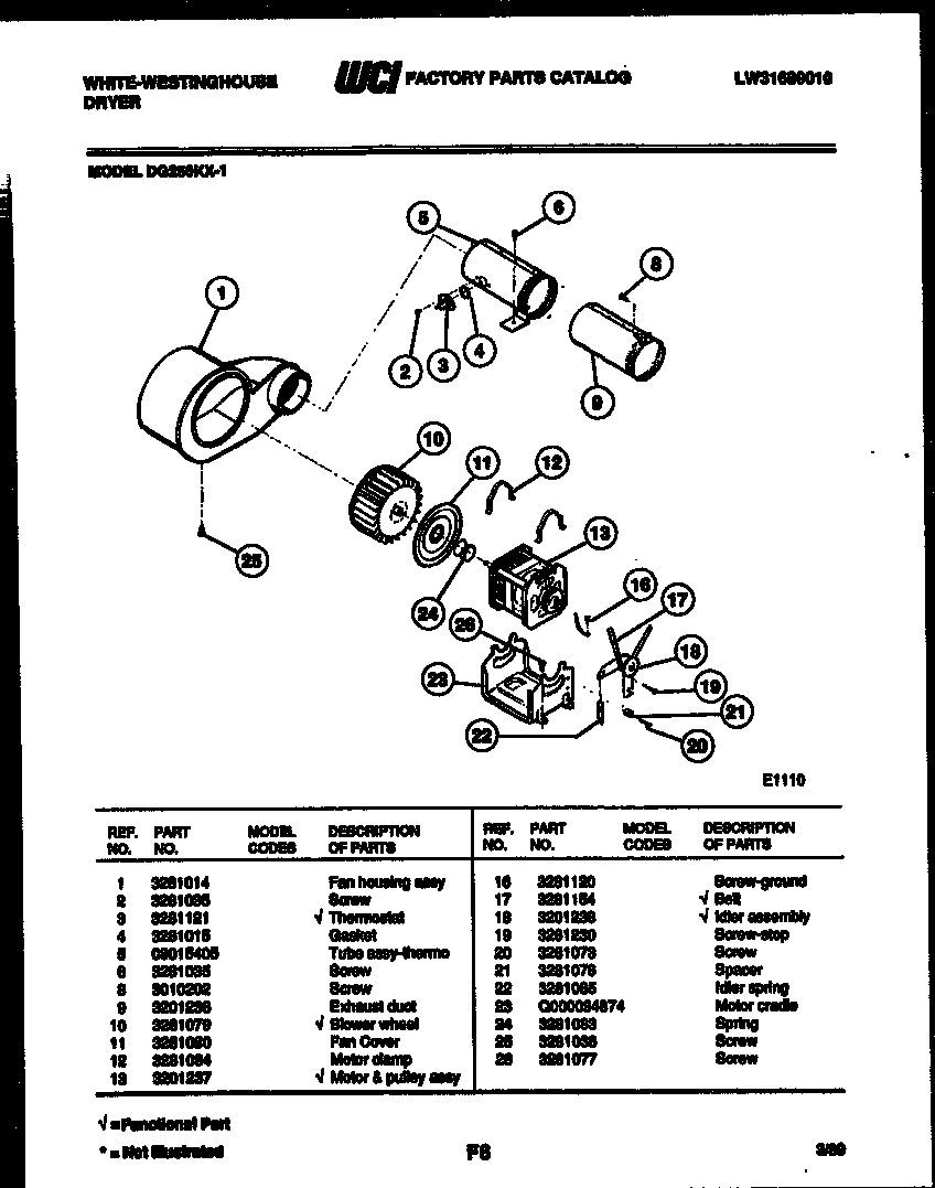 White-Westinghouse DG250KXW1 motor and blower parts diagram