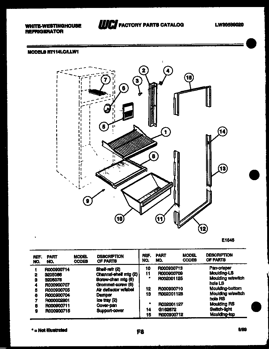 White-Westinghouse RT114LLD1 shelves and supports diagram