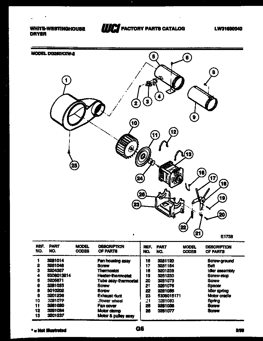 White-Westinghouse DG250KXW2 motor and blower parts diagram