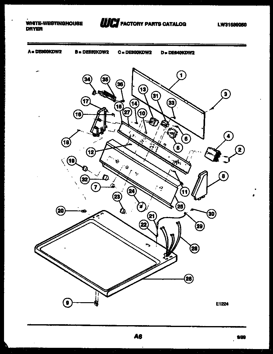 White-Westinghouse DE640KDH2 console and control parts diagram