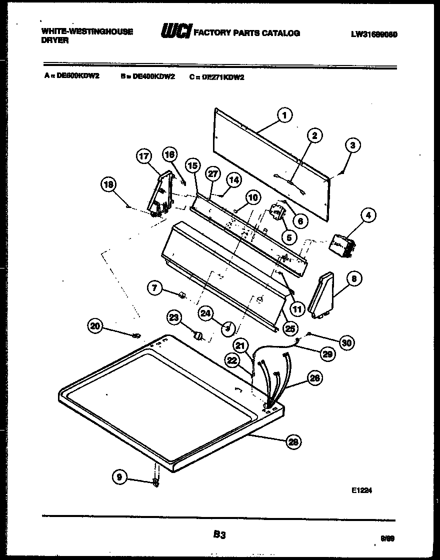 White-Westinghouse DE500KDD2 console and control parts diagram