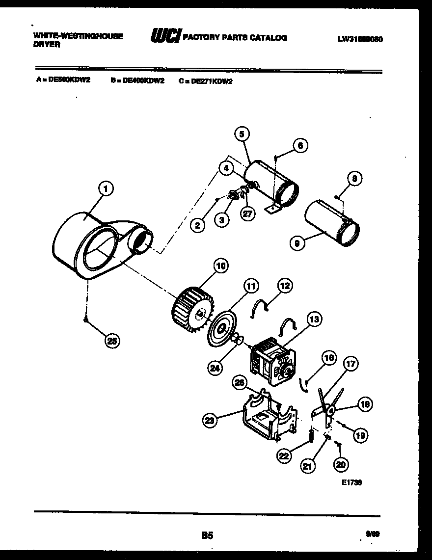 White-Westinghouse DE500KDD2 motor and blower parts diagram