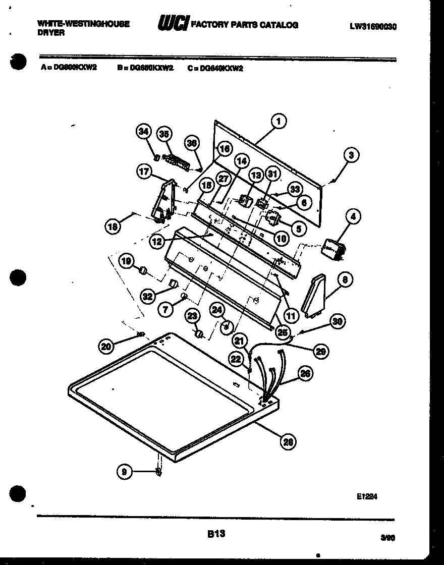 White-Westinghouse DG800KXH2 console and control parts diagram