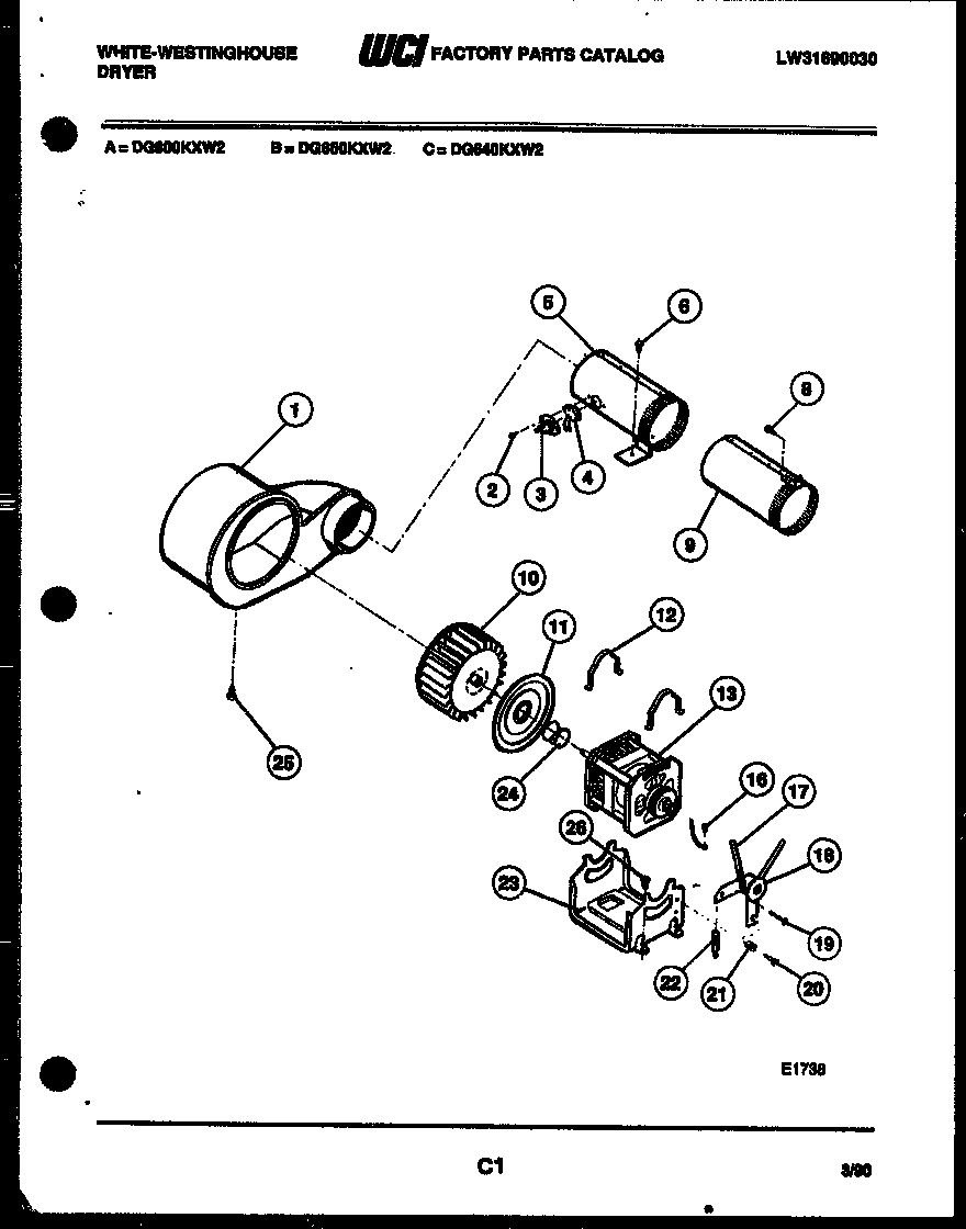 White-Westinghouse DG800KXH2 motor and blower parts diagram