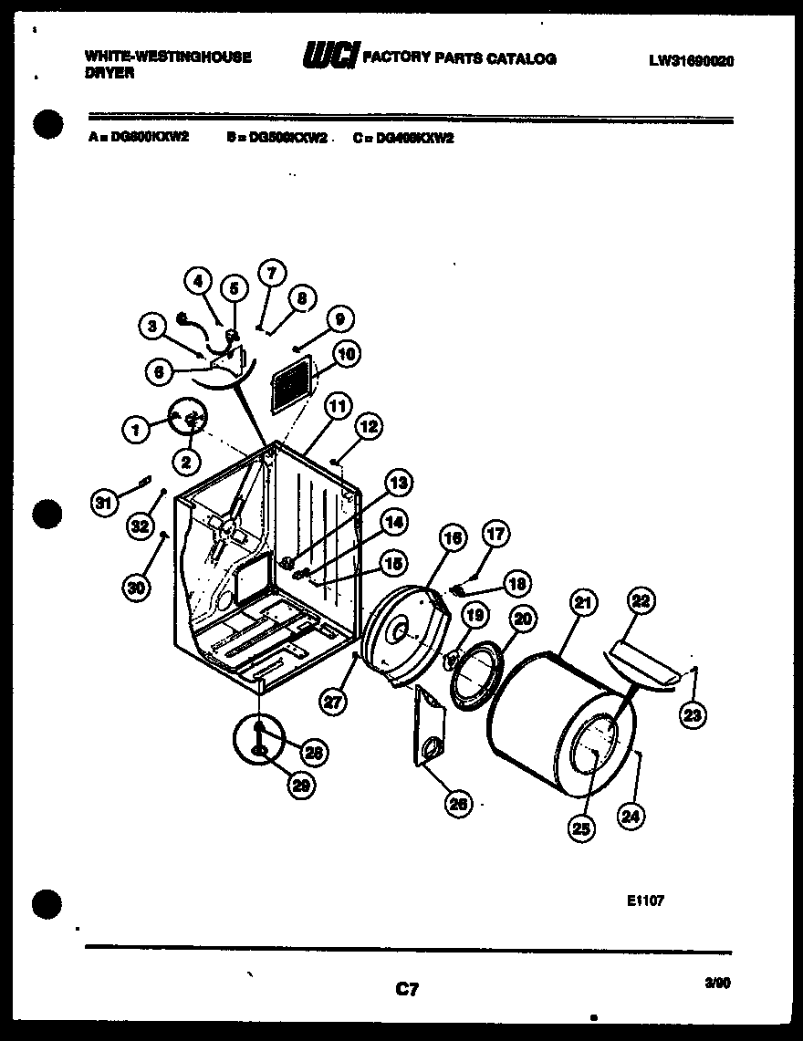 White-Westinghouse DG400KXW2 cabinet and component parts diagram