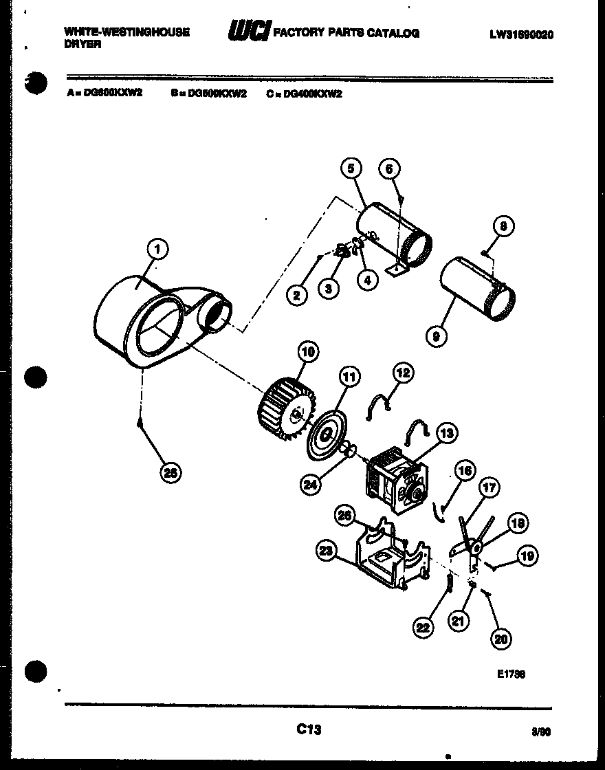 White-Westinghouse DG400KXW2 motor and blower parts diagram