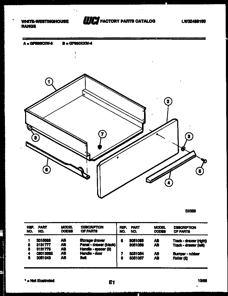 White-Westinghouse GF980KXD3 drawer parts diagram