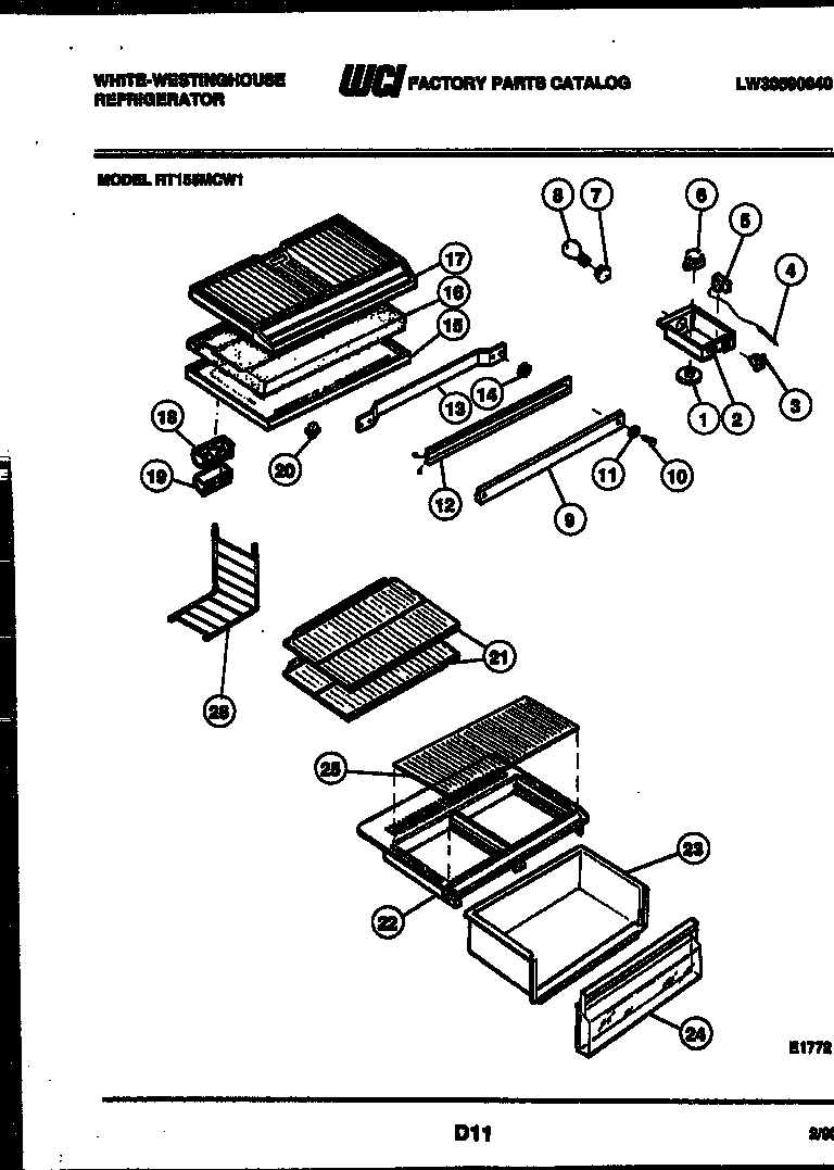 White-Westinghouse RT155MCF1 shelves and supports diagram