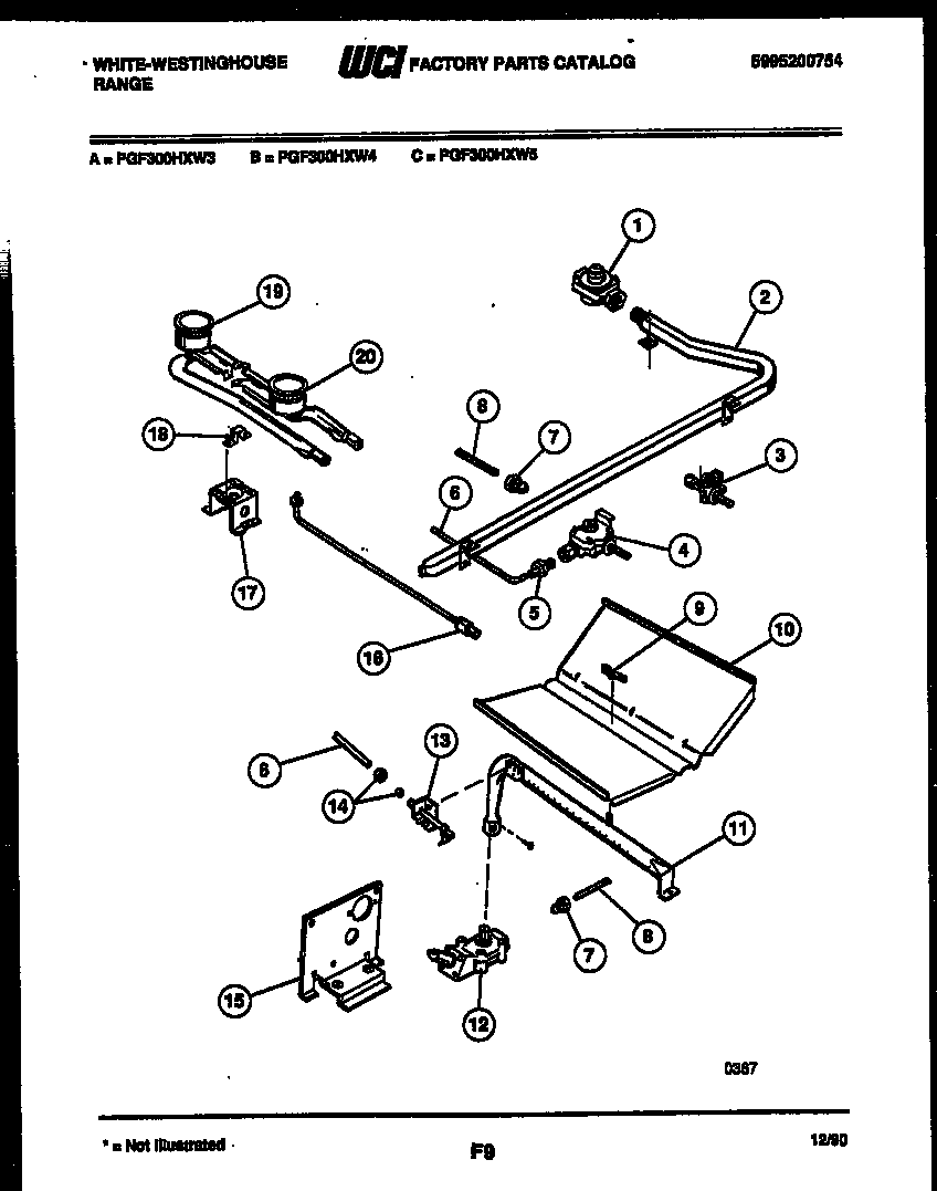 White-Westinghouse PGF300HXW3 burner, manifold and gas control diagram