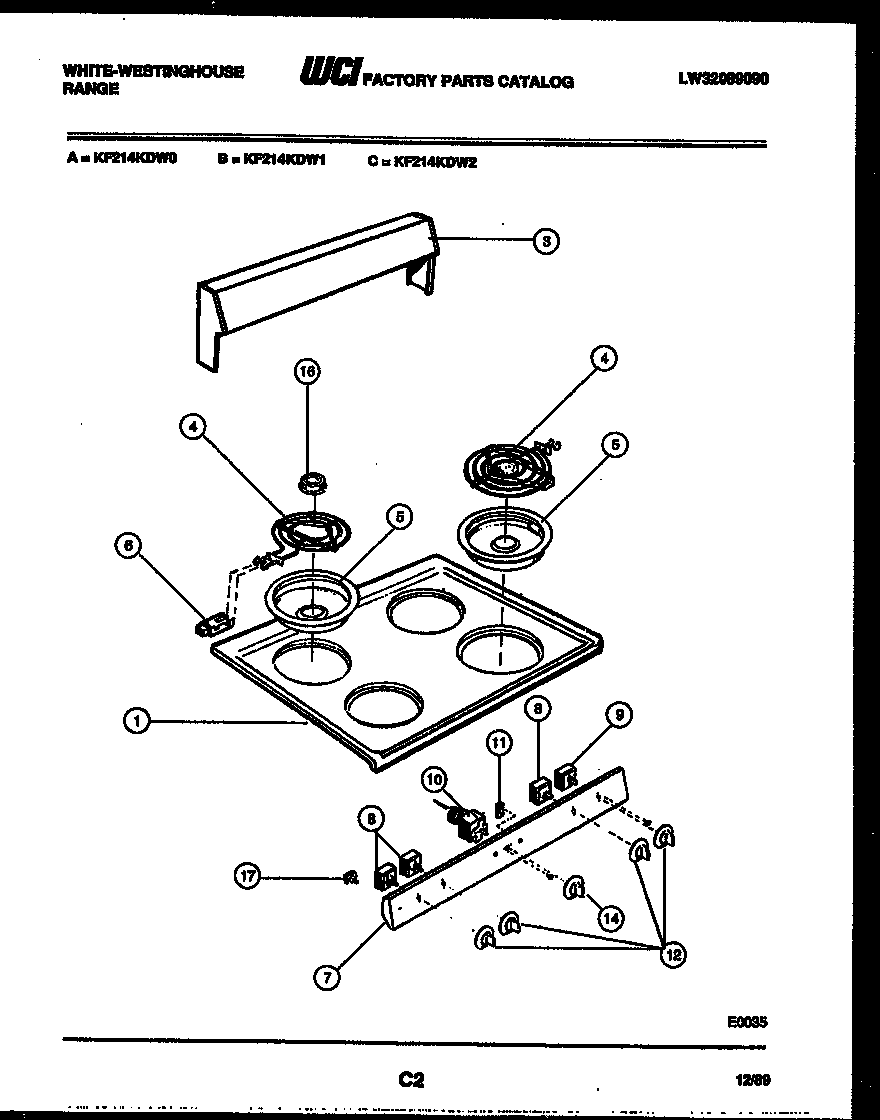 White-Westinghouse KF214KDD0 cooktop parts and backguard diagram