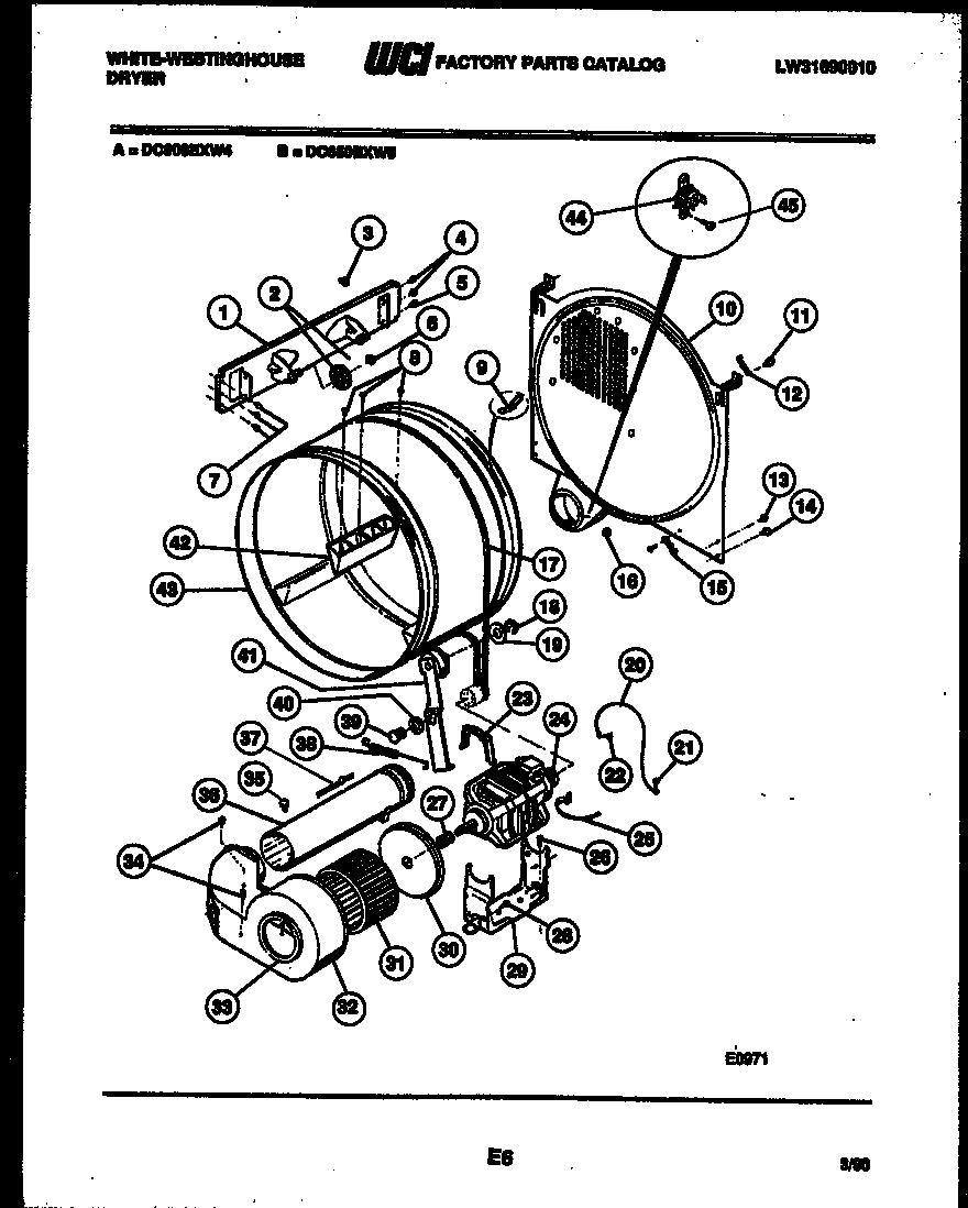 White-Westinghouse DC600EXD4 drum, blower and drive parts diagram