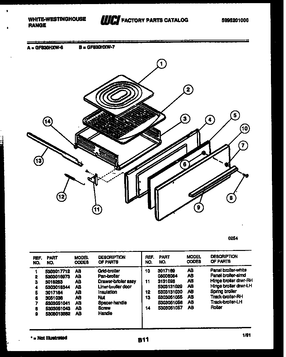White-Westinghouse GF830HXW6 broiler drawer parts diagram