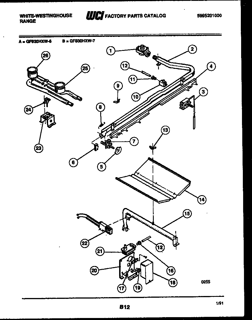 White-Westinghouse GF830HXW6 burner, manifold and gas control diagram